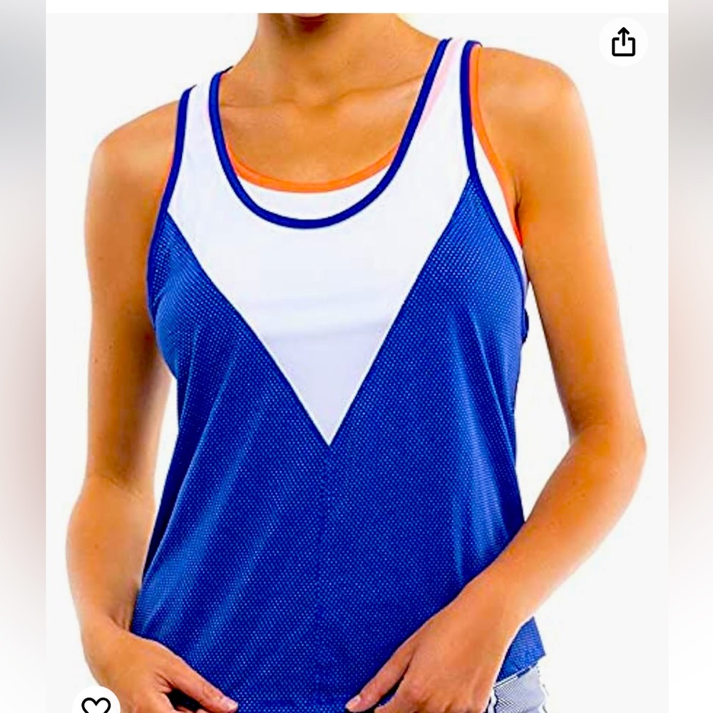 Lucky in Love ladies athletic tank top. Royal blue & white w orange detailing.